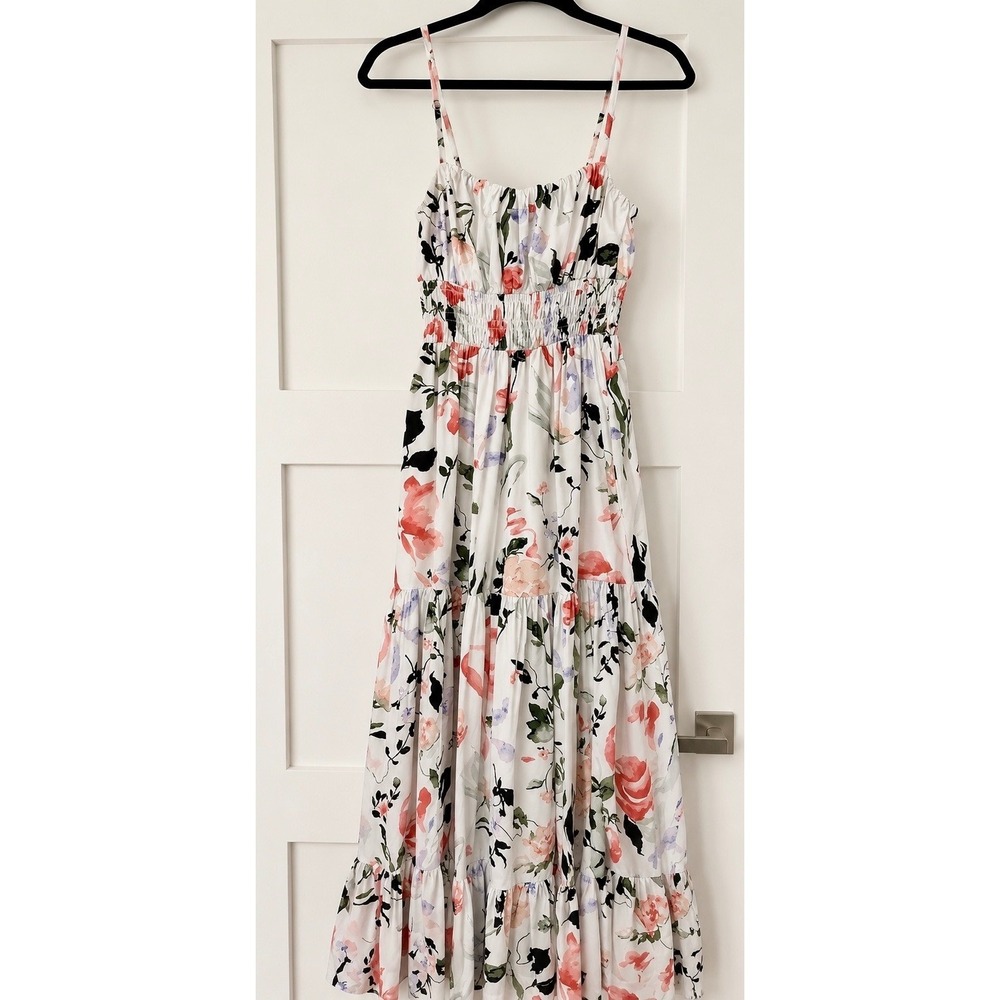 Abercrombie & Fitch Floral Tiered Midi Dress Womens L White Pink Excellent Smock